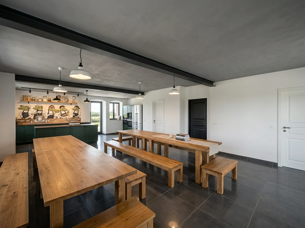 Cuisine équipée — grandes tablées + fresque crocos